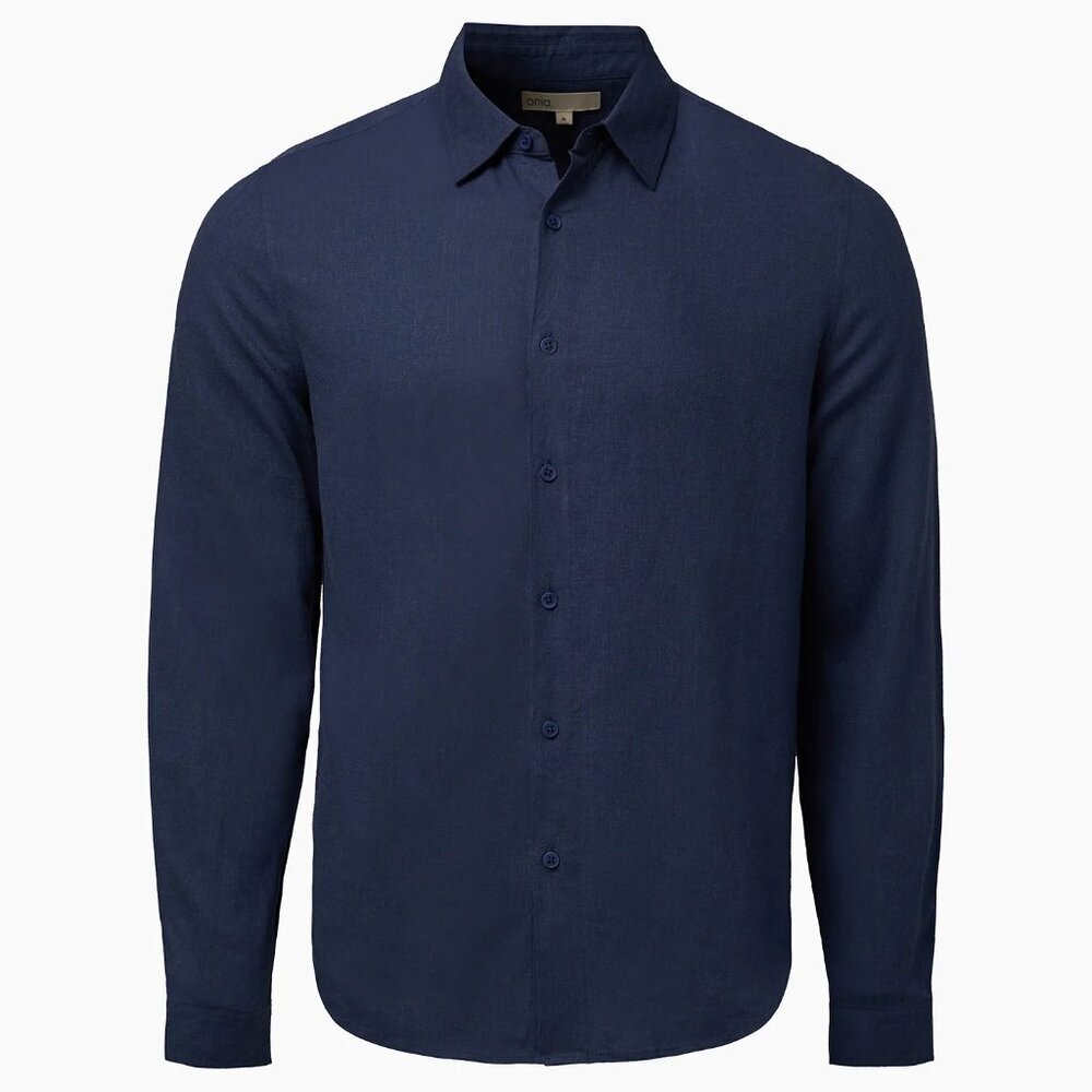 NWT Onia Men's Standard Linen Blend Long Sleeve Shirt VIntage Indigo Solid XL
